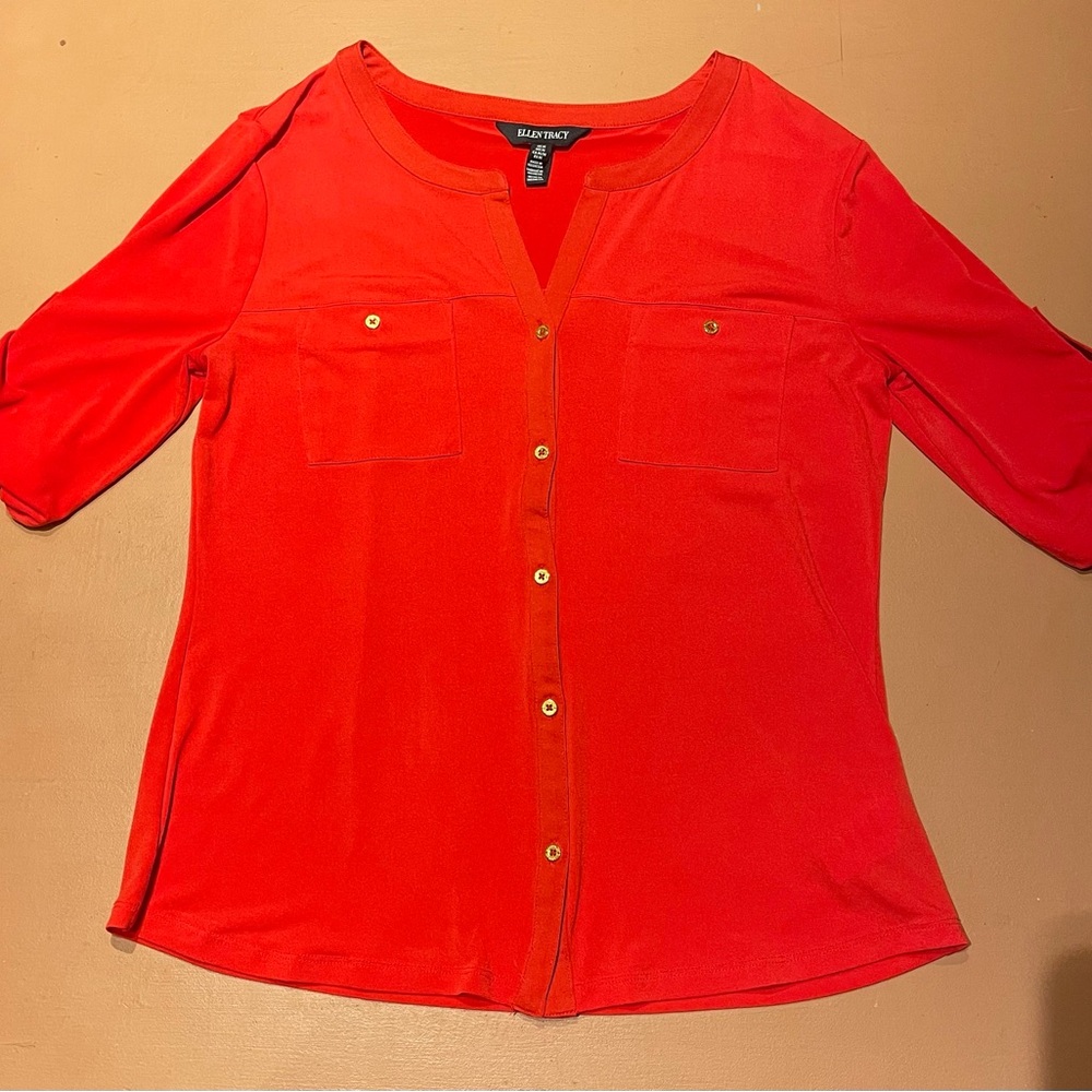 Ellen Tracy Red 3/4 Sleeve Button Down Blouse